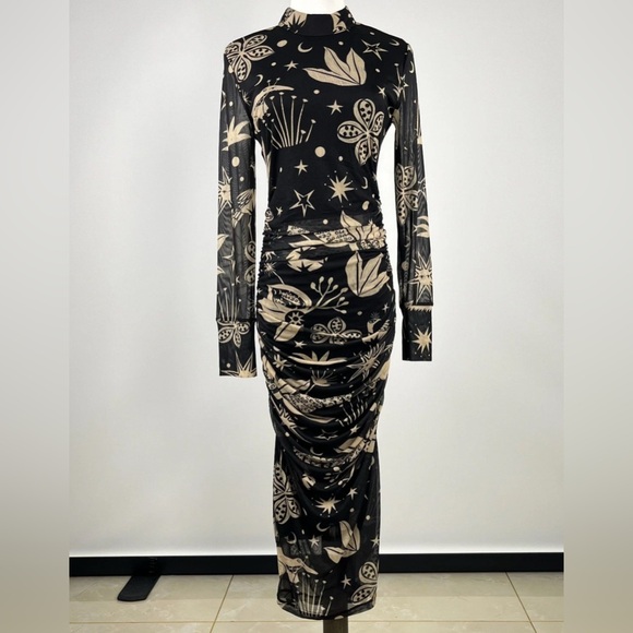 Farm Rio Black, Cream Patterned Midi Dress Cerrado Sky Tule Flattering, Ruching - Picture 2 of 3